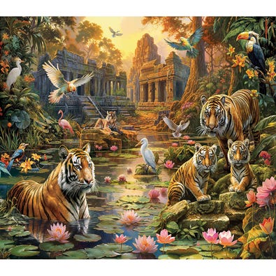 Tigers by the Lake at Sunset