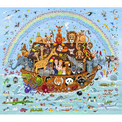 A puzzle for children of noah's ark containing a large array of animals and a rainbow.