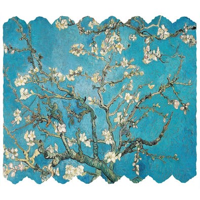Extra difficult puzzle featuring Van Gogh's Almond Blossoms, a still life oil painting of a blossoming almond tree on a textured blue background with a selection of blossom shaped pieces removed. Featured on a beige background along some blossoming branch
