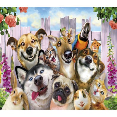 An adult puzzle of a selfie photo of a variety of pets pulling silly faces.