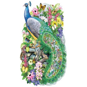 An shaped puzzle for adults of a peacock surrounded by flowers.