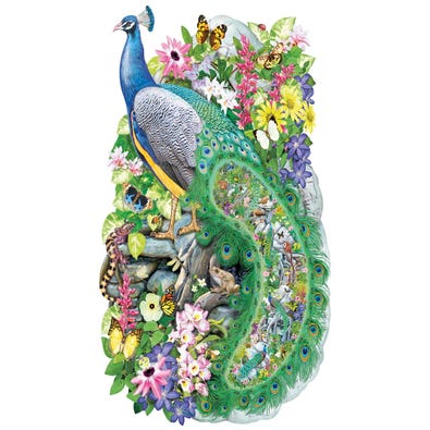 An shaped puzzle for adults of a peacock surrounded by flowers.