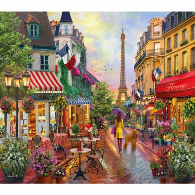 A puzzle for adults of a parisian street of shopfronts and the eiffel tower.