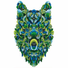 An extra difficult wolf shaped puzzle for addults featuring a wolf's head composed of leaves and flowers.