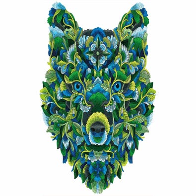 An extra difficult wolf shaped puzzle for addults featuring a wolf's head composed of leaves and flowers.