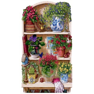 An adult shaped puzzle of wooden shelved with flowers in pots and gardening equipment on them.