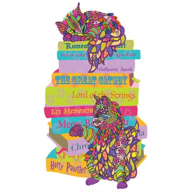 A shaped puzzle for adults featuring a stack of cat pun classic boojs with floral pattened cats.