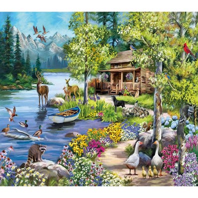 An adult puzzle of a cabin next to a lake surrounded by lowers and forest animals.