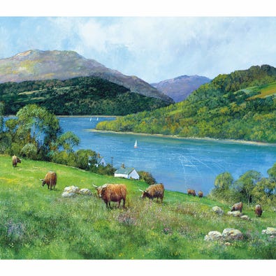 An adult jigsaw puzzle of a river surrounded  by green hills covered in grazing cattle.