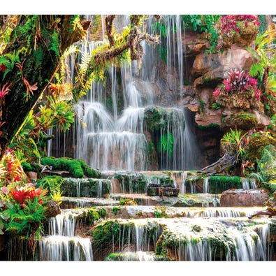 A mini adult puzzle of a waterfall surrounded by jungle plants.